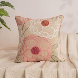 Cotton Decorative Embroidered Cushion Cover | Knitted Chambray Front Throw Pillow Cushion Cover for Sofa Living Room | 16Inch X 16Inch | Outline Floral, 260 TC