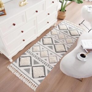 Hand Woven Tufted 100% Natural Cotton Export Quality Designer Rug,Carpet, Bed Side Runner for Bedroom,Living Room, Size-2x5 feet or 60 cms x 152 cms (White & Black)