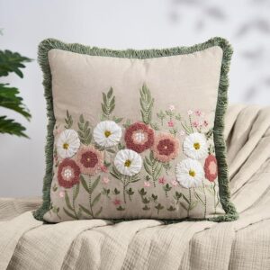 Cotton Decorative Embroidered Cushion Cover | Knitted Chambray Front Throw Pillow Cushion Cover for Sofa Living Room | 16inch x 16inch | Pastel Meadow, 210 TC