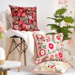 Decorative Embroidered Cushion Cover | Knitted Chambray Front Throw Pillow Cushion Cover for Sofa Living Room | 16inch x 16inch | Pink Floral