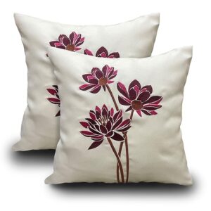 Decorative Embroidered Cushion Cover | Knitted Chambray Front Throw Pillow Cushion Cover for Sofa Living Room | 16inch x 16inch | Pink Floral (Copy)