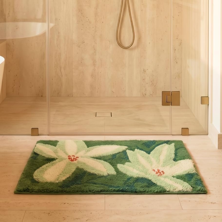 Saral Home Jasmine Microfiber Bath Mat | Soft & Absorbent Bathroom Floor Mat | Quick Dry & Washable | Floral Design | 38 x 60 cm. (Green, 38X60-1PC)