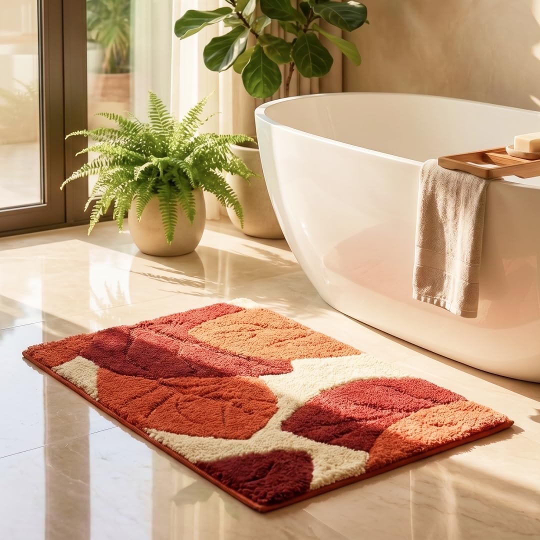 Saral Home Leaf Microfiber Bath Mat | Super Soft & Absorbent Bathroom Floor Mat | Anti-Slip Bath Rug | Quick Dry Washable Mat | 38 x 60 cm- 1Pc | Rust
