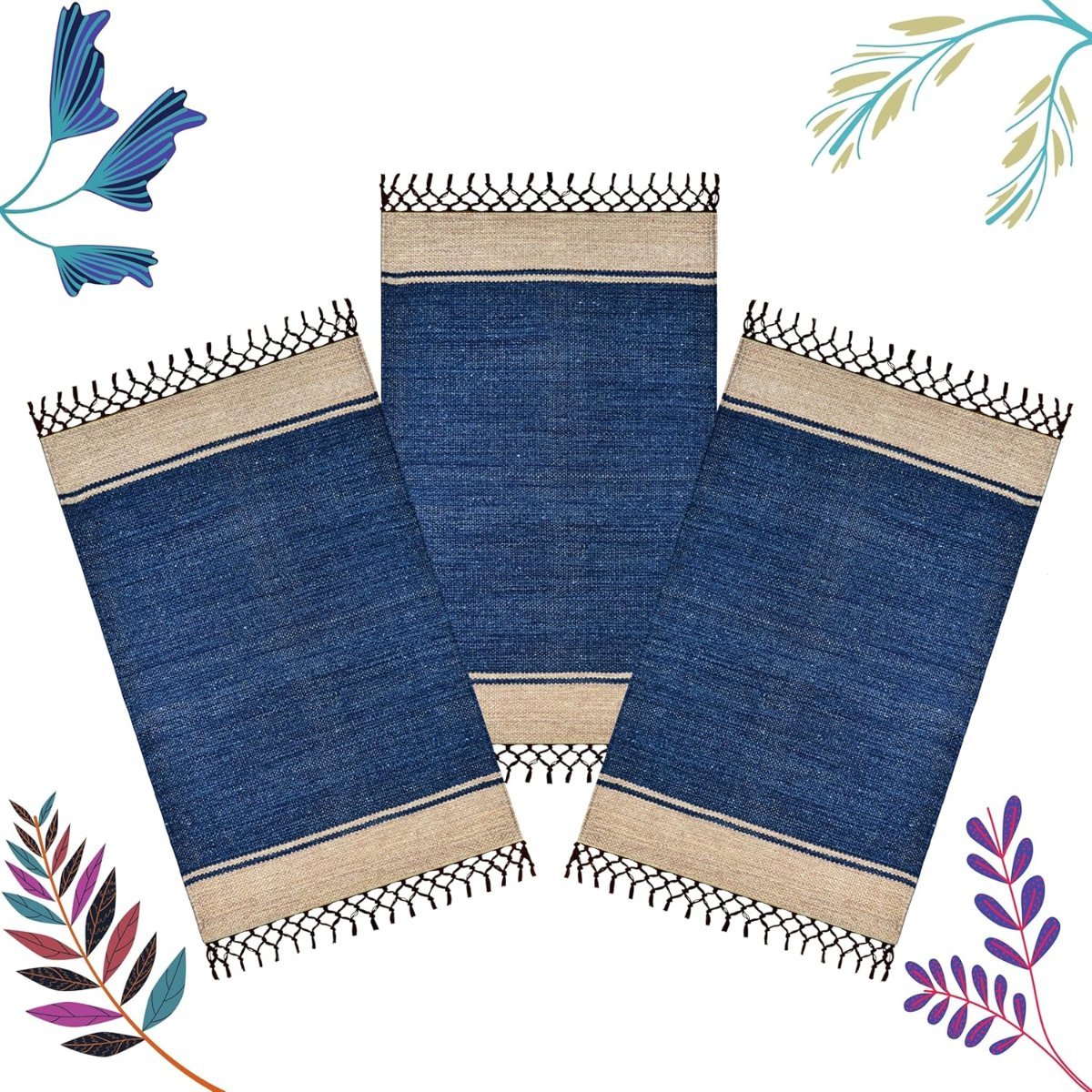 Handwoven Cotton Door Mat, Blue, 40x60 cm, Rectangular, Anti Slip, Washable, Low Pile, Modern Style (Pack of 3)