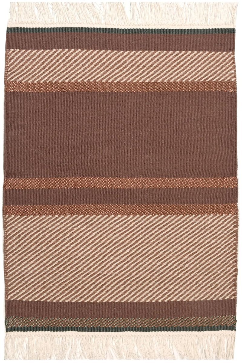 Hand Woven Area Rug, Brown and White Striped Pattern, 90 x 60 cm, Contemporary Geometric Style, Low Pile Durrie
