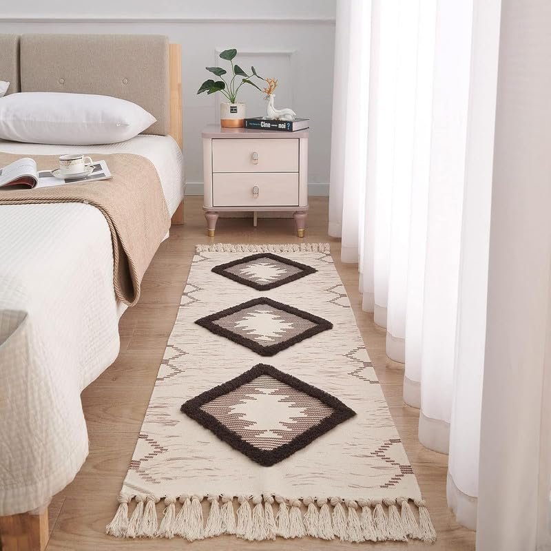 TRANQUIL Hand Woven 100% Cotton Tufted Bedside Runner Carpet | Reversible Runner Rug for Living Room, Bedroom, Guest Room & Kitchen | 2×5 Feet (60×152 cm) – (Beige & Brown)