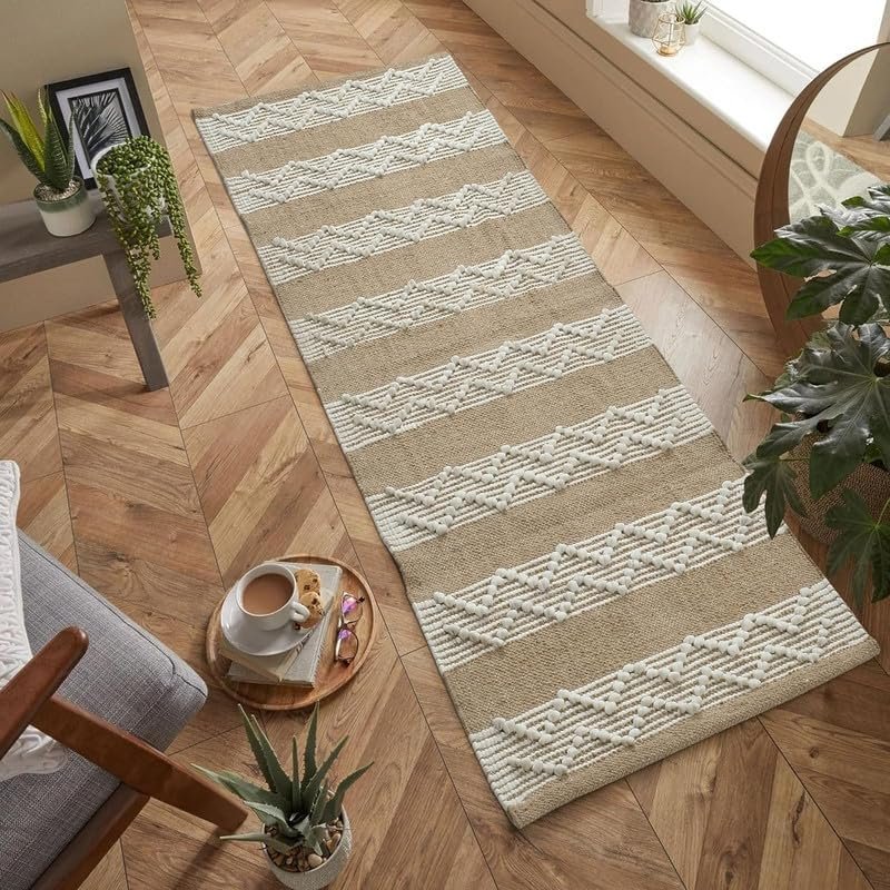 TRANQUIL Hand Woven 100% Pure CottonTufted Runner Carpet | Reversible Runner Carpet for Living Room, Bedroom, Guest Room & Kitchen | 2×5 Feet (60×152 cm) – (Beige & White)