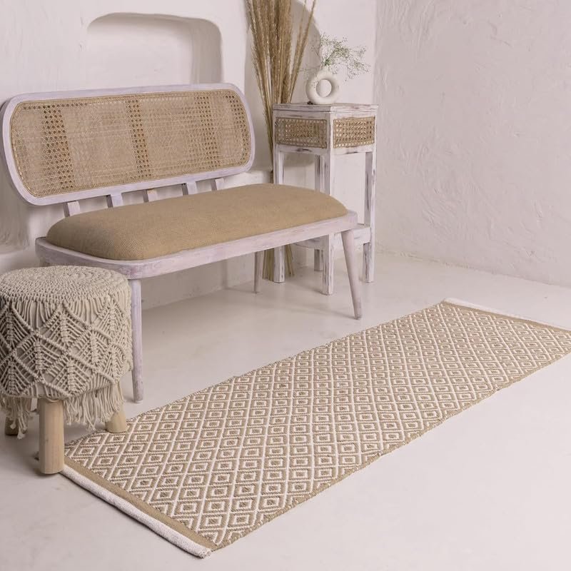 TRANQUIL Hand Woven 100% Cotton Rug Carpet | Bedside Runner for Living Room, Bedroom, Guest Room & Yoga Mat | 2×5 Feet (60×152 cm) – (Beige Diamond)