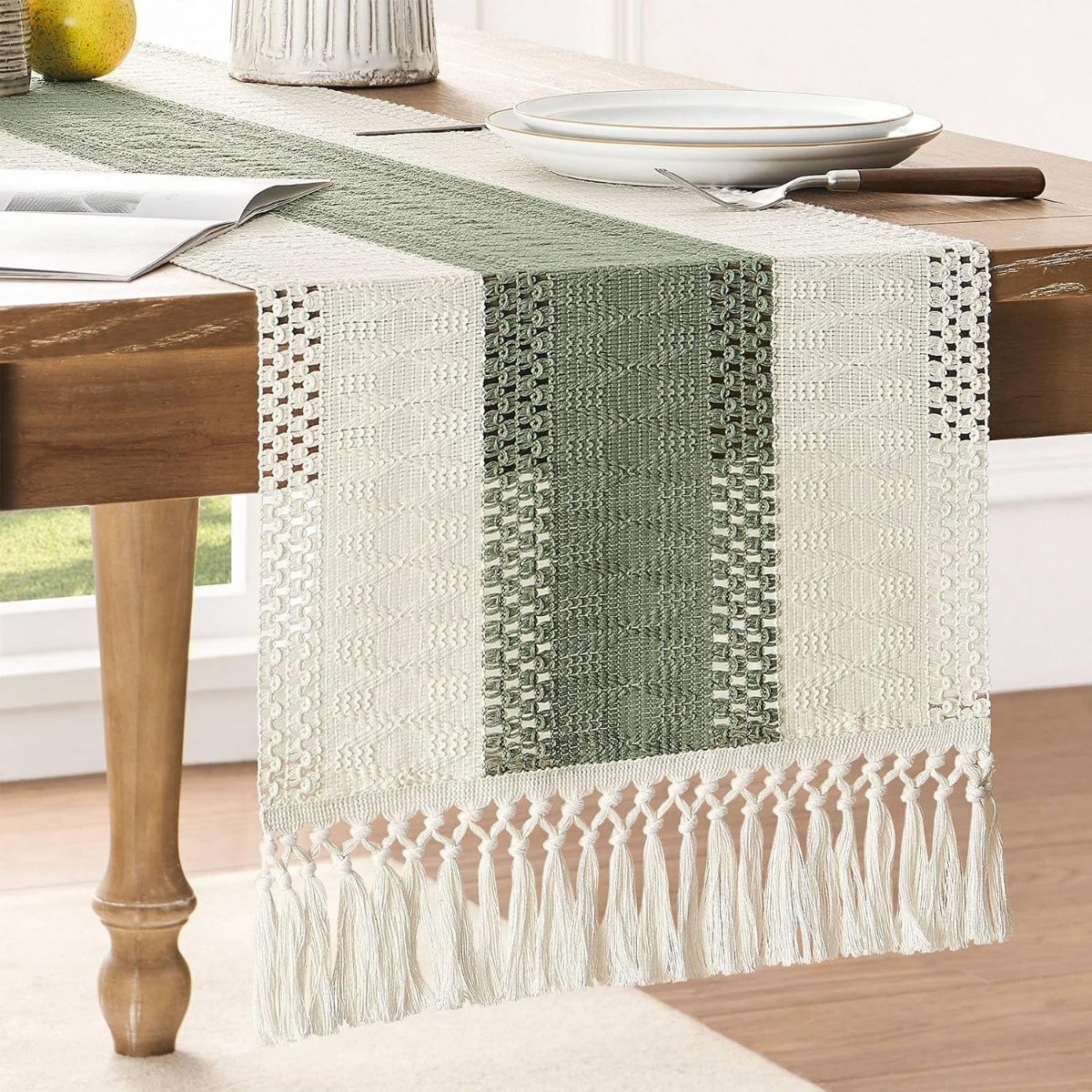 ZeeMart Macrame Style Bicolor Stitching Table Runner, 12 x 72 Inch Brown/Ivory, Boho Neutral Table Runners 72 Inches Long, Farmhouse Woven Home Decor