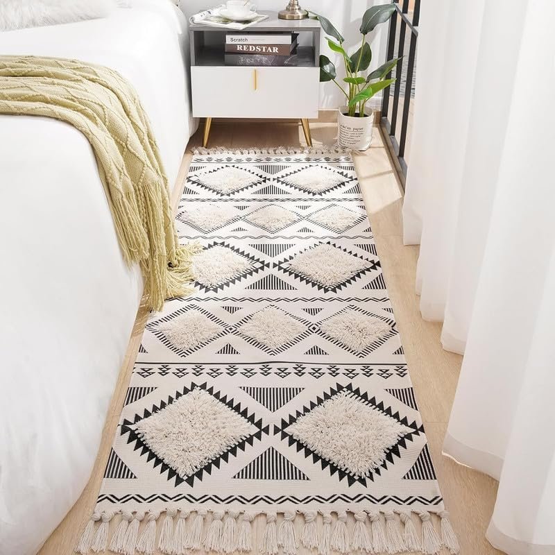 TRANQUIL Hand Woven 100% Cotton Tufted Runner Carpet | Reversible Runner Rug for Living Room, Bedroom, Guest Room & Kitchen | 2×5 Feet (60×152 cm) – (Black & Natural White)