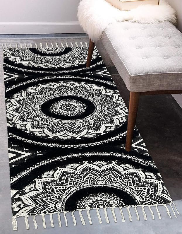 TRANQUIL Hand Woven 100% Cotton Tufted Runner Carpet | Reversible Runner Rug for Living Room, Bedroom, Guest Room & Kitchen | 2×5 Feet (60×152 cm) – (Black & White – B)