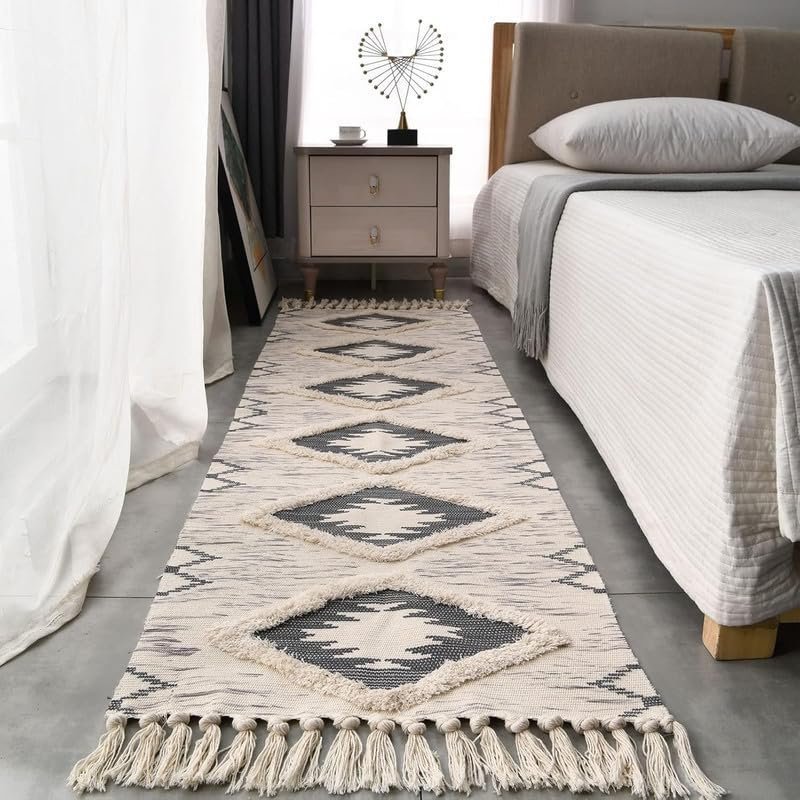 TRANQUIL Hand Woven 100% Cotton Tufted Runner Carpet | Reversible Runner Rug for Living Room, Bedroom, Guest Room & Kitchen | 2×5 Feet (60×152 cm) – (Ivory & Beige)