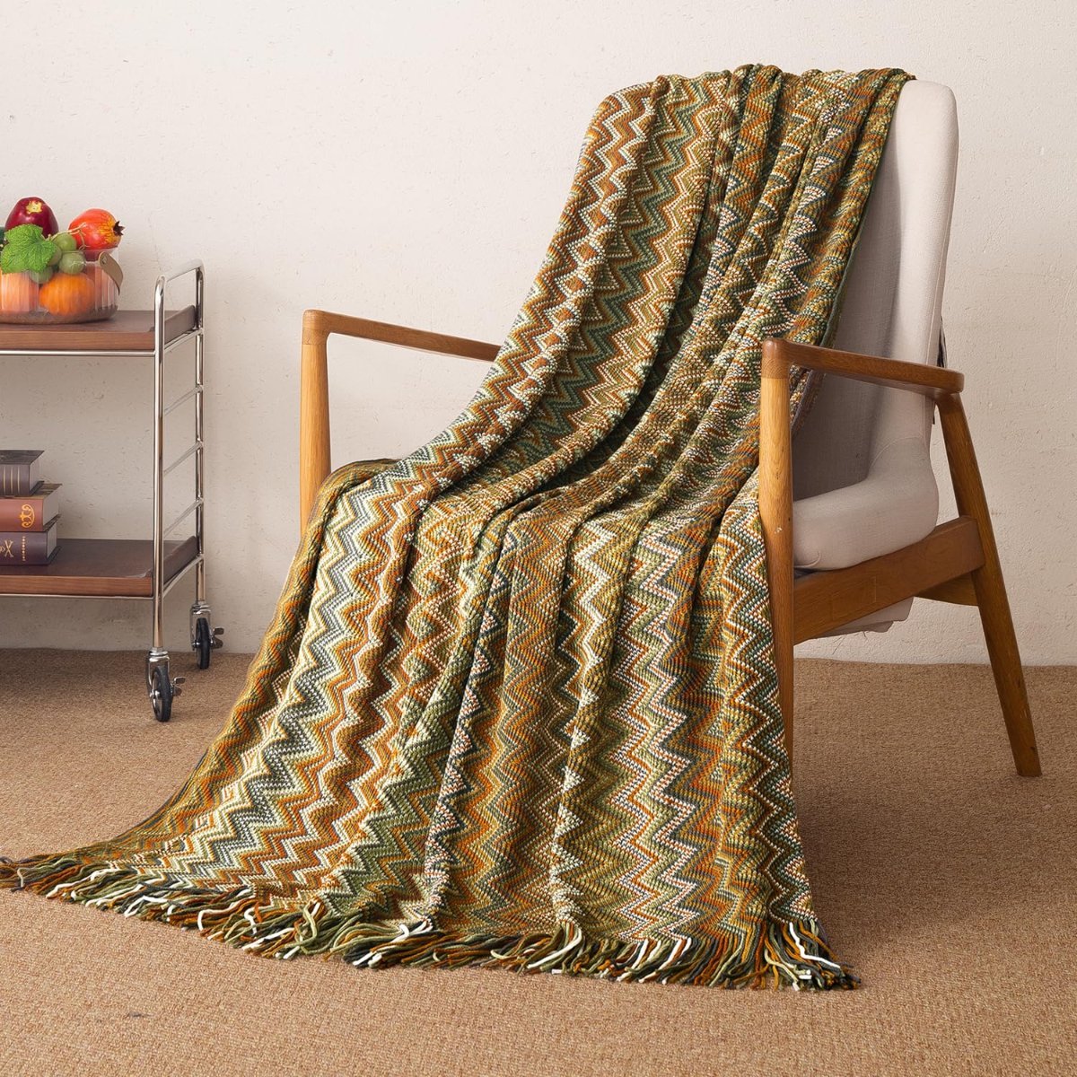 HOKIPO Boho Chevron Knit Sofa Throw Blanket, 50×65 in, Olive Mirage