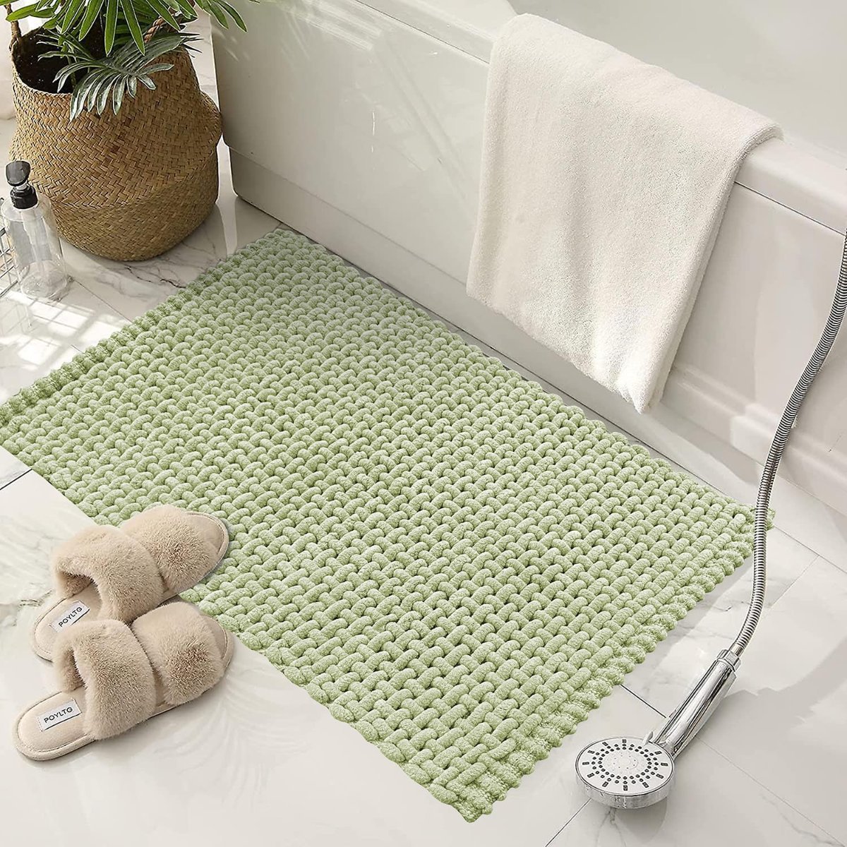 SANMARINO Non Slip Chenille Bath Mat, Extra Soft Bathroom Mat, Super Absorbent Fluffy Bath Mats for Bathroom, Machine-Washable Quick Dry Bath Rug Foot Mat, 16″x24″, Beige
