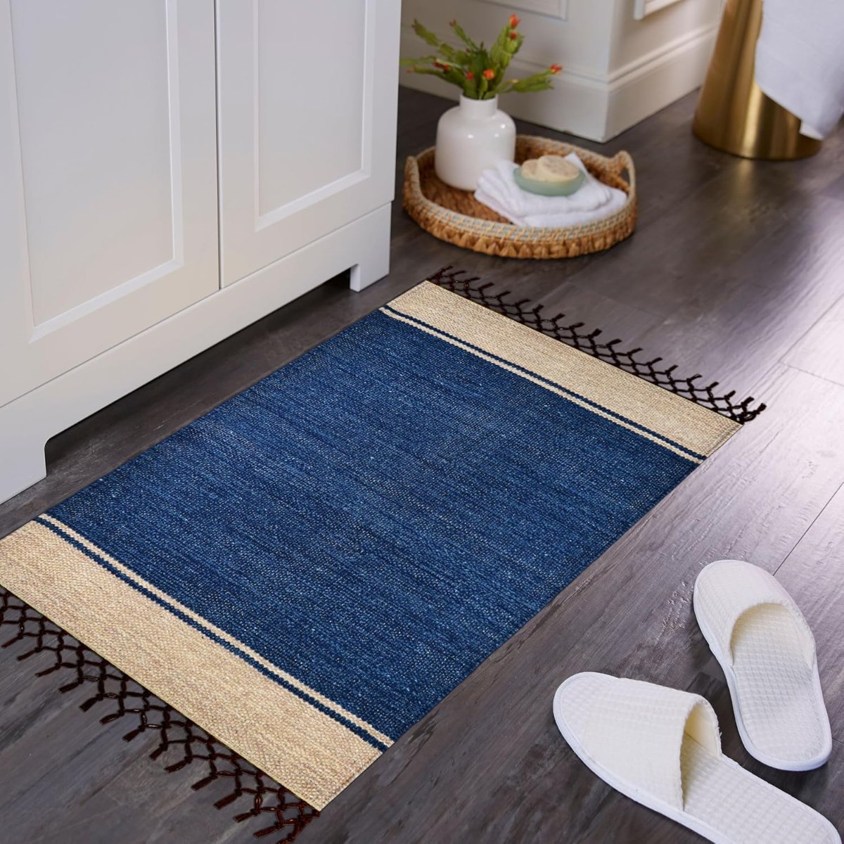 Handwoven Cotton Door Mat, Blue, 40×60 cm, Rectangular, Anti Slip, Washable, Low Pile, Modern Style (Pack of 3)