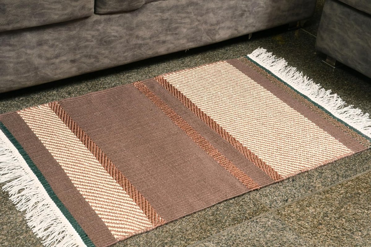 Hand Woven Area Rug, Brown and White Striped Pattern, 90 x 60 cm, Contemporary Geometric Style, Low Pile Durrie