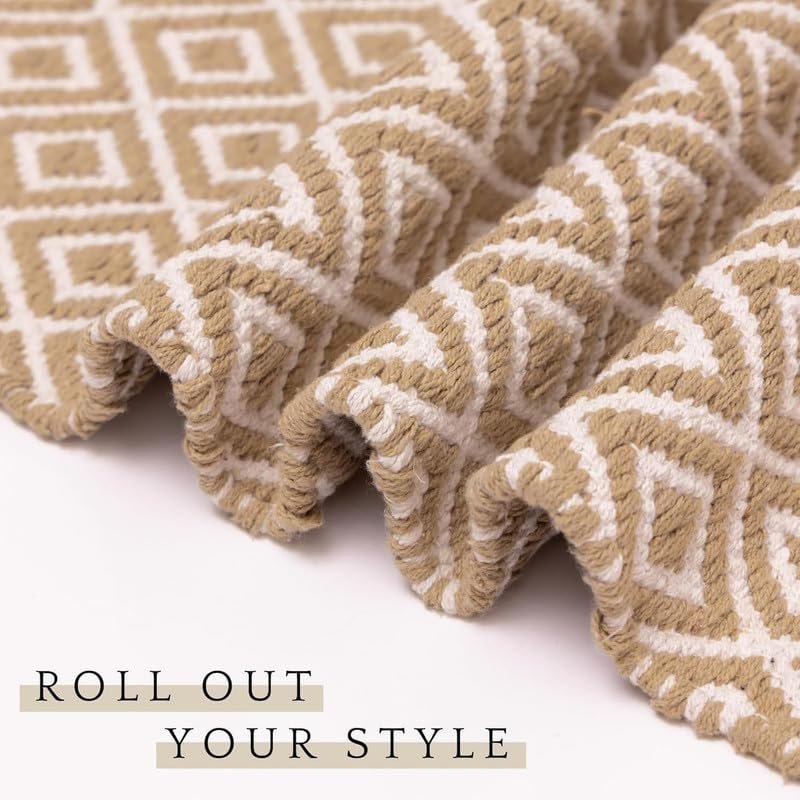 TRANQUIL Hand Woven 100% Cotton Rug Carpet | Bedside Runner for Living Room, Bedroom, Guest Room & Yoga Mat | 2×5 Feet (60×152 cm) – (Beige Diamond)