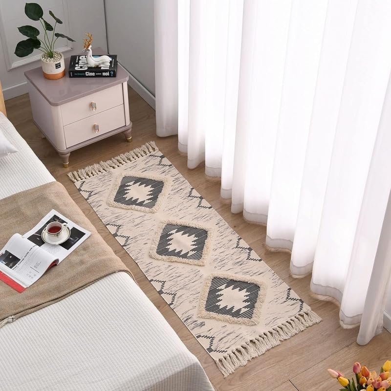 TRANQUIL Hand Woven 100% Cotton Tufted Runner Carpet | Reversible Runner Rug for Living Room, Bedroom, Guest Room & Kitchen | 2×5 Feet (60×152 cm) – (Ivory & Beige)