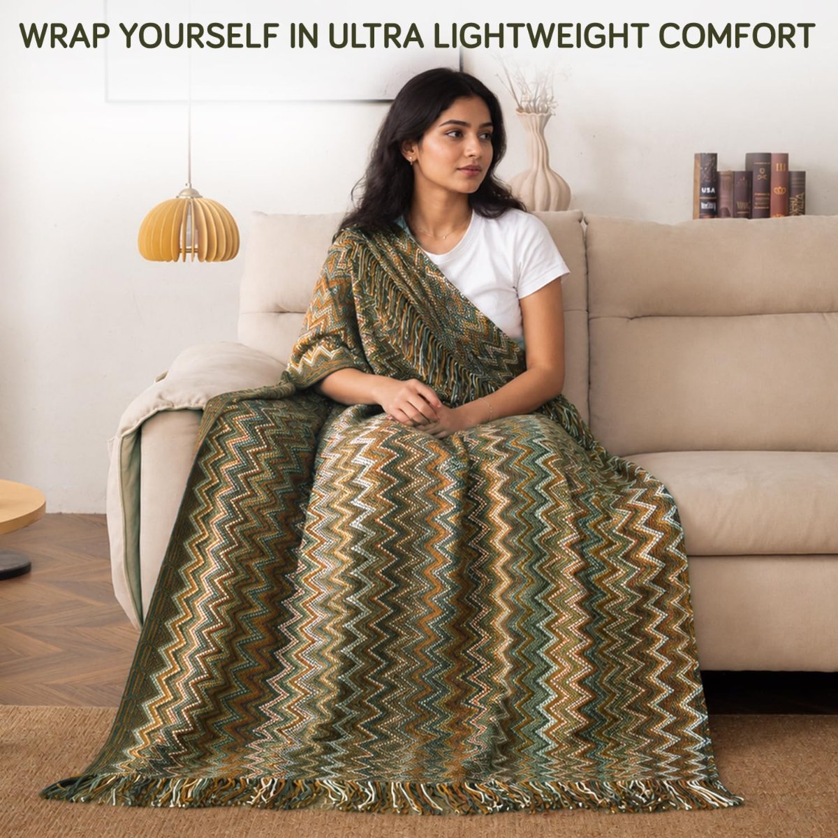 HOKIPO Boho Chevron Knit Sofa Throw Blanket, 50×65 in, Olive Mirage