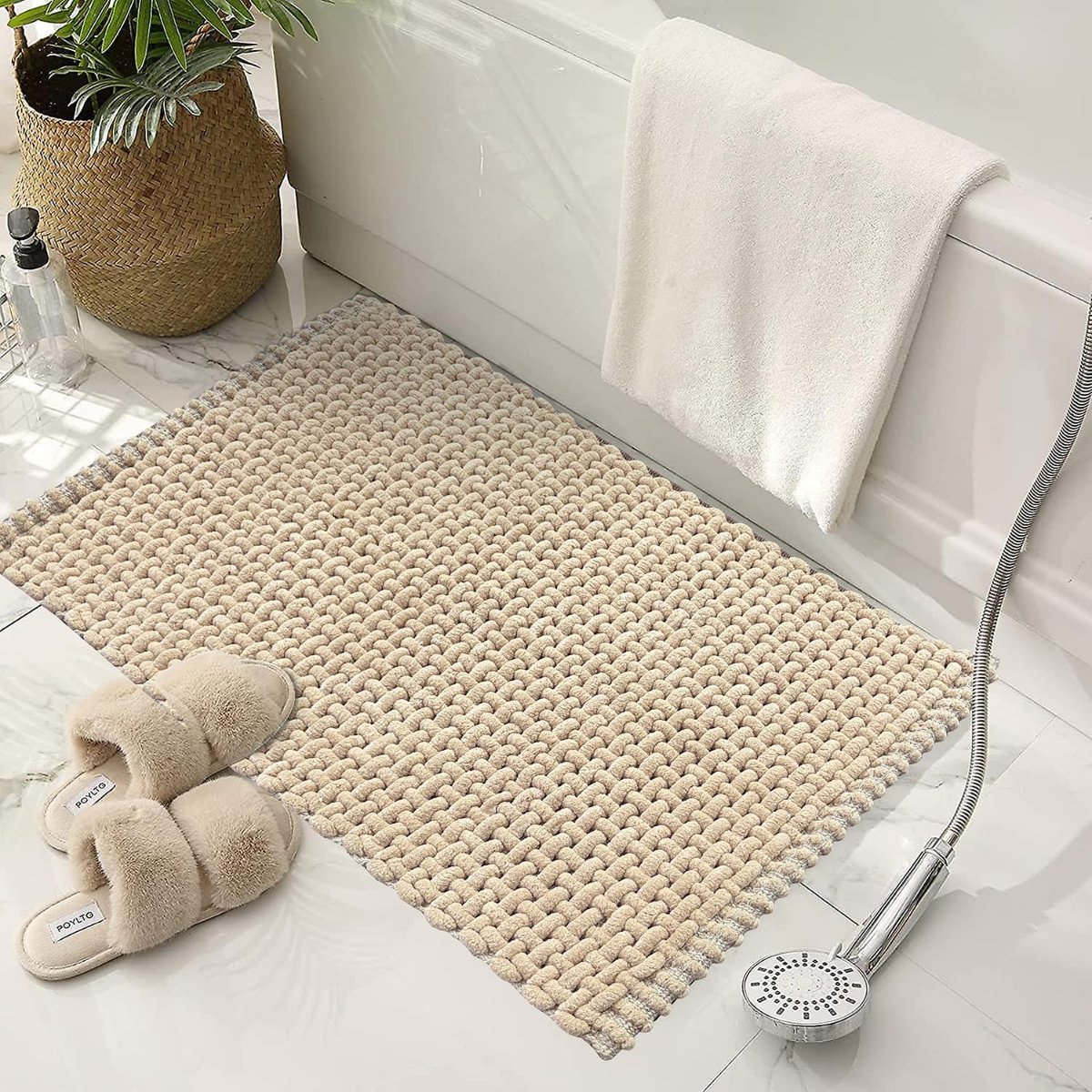 SANMARINO Non Slip Chenille Bath Mat, Extra Soft Bathroom Mat, Super Absorbent Fluffy Bath Mats for Bathroom, Machine-Washable Quick Dry Bath Rug Foot Mat, 16″x24″, Beige