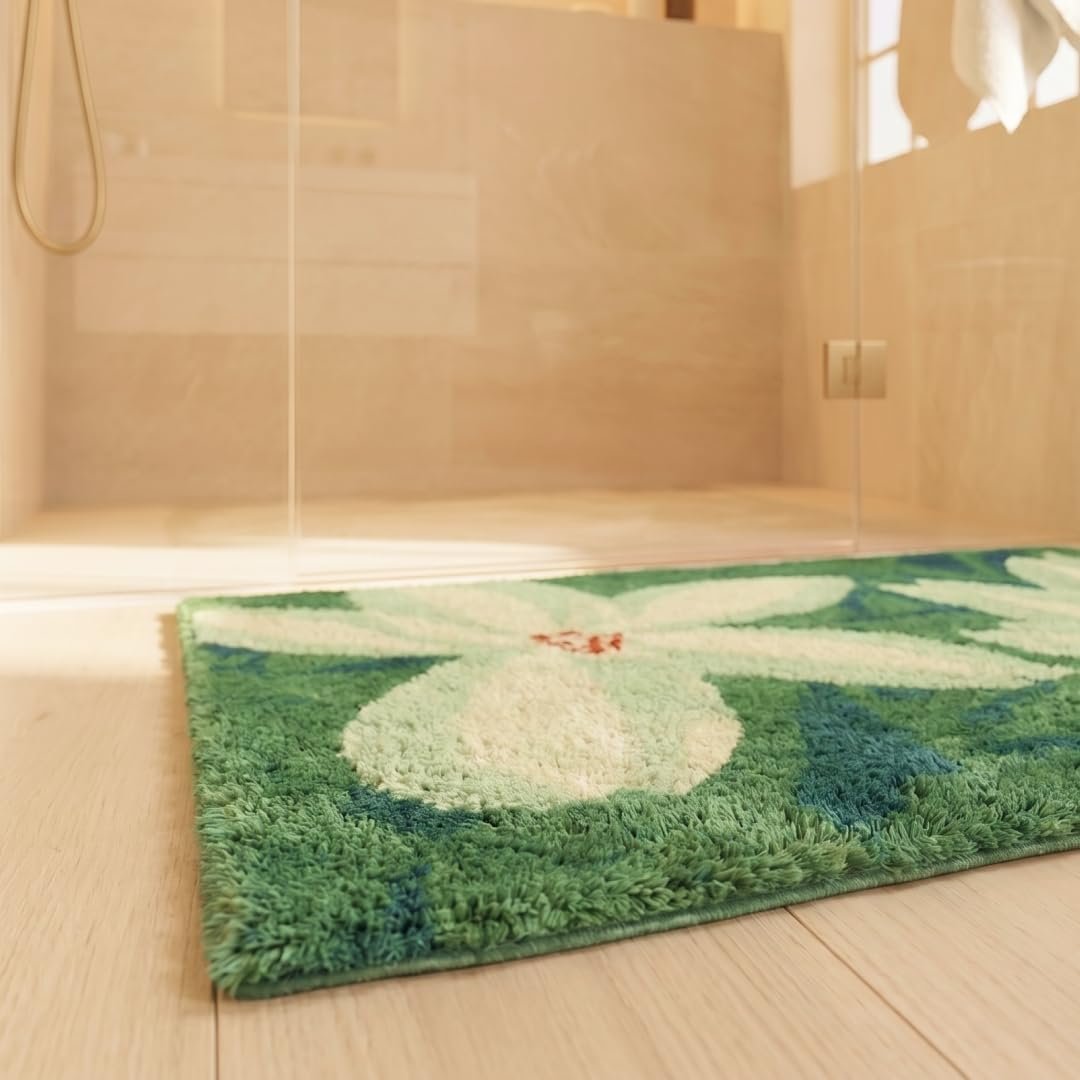 Saral Home Jasmine Microfiber Bath Mat | Soft & Absorbent Bathroom Floor Mat | Quick Dry & Washable | Floral Design | 38 x 60 cm. (Green, 38X60-1PC)