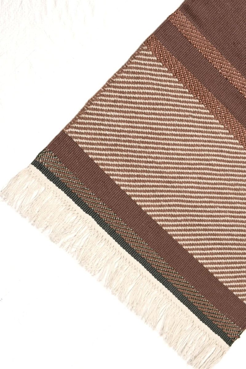 Hand Woven Area Rug, Brown and White Striped Pattern, 90 x 60 cm, Contemporary Geometric Style, Low Pile Durrie