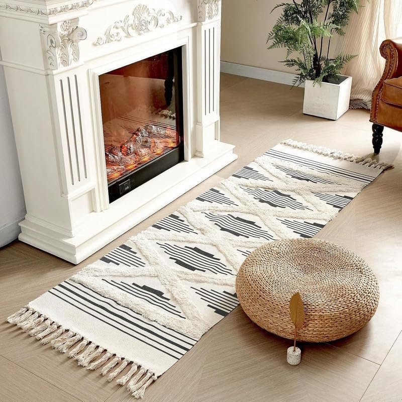 TRANQUIL Hand Woven 100% Cotton Tufted Runner Carpet | Reversible Runner Rug for Living Room, Bedroom, Guest Room & Kitchen | 2×5 Feet (60×152 cm) – (Blazk Zigzag)