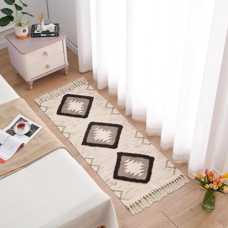 TRANQUIL Hand Woven 100% Cotton Tufted Bedside Runner Carpet | Reversible Runner Rug for Living Room, Bedroom, Guest Room & Kitchen | 2×5 Feet (60×152 cm) – (Beige & Brown)