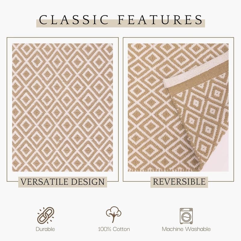 TRANQUIL Hand Woven 100% Cotton Rug Carpet | Bedside Runner for Living Room, Bedroom, Guest Room & Yoga Mat | 2×5 Feet (60×152 cm) – (Beige Diamond)