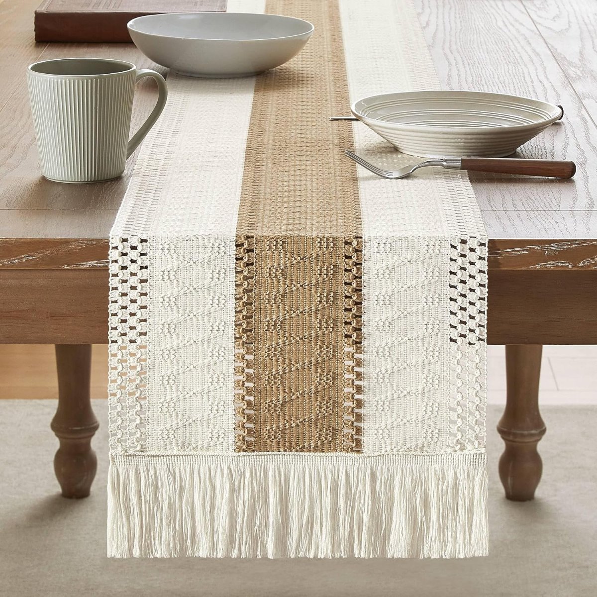 ZeeMart Macrame Style Bicolor Stitching Table Runner, 12 x 72 Inch Brown/Ivory, Boho Neutral Table Runners 72 Inches Long, Farmhouse Woven Home Decor