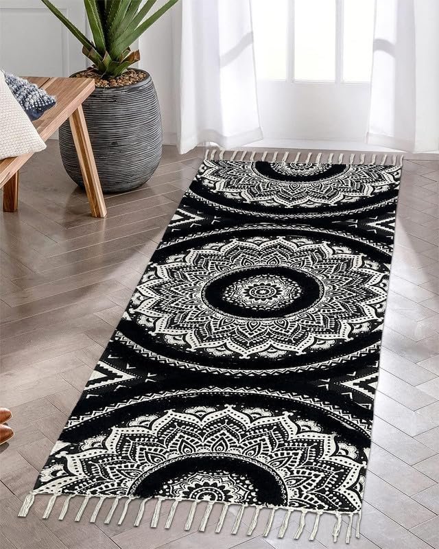 TRANQUIL Hand Woven 100% Cotton Tufted Runner Carpet | Reversible Runner Rug for Living Room, Bedroom, Guest Room & Kitchen | 2×5 Feet (60×152 cm) – (Black & White – B)