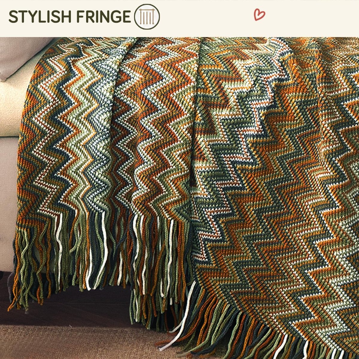HOKIPO Boho Chevron Knit Sofa Throw Blanket, 50×65 in, Olive Mirage