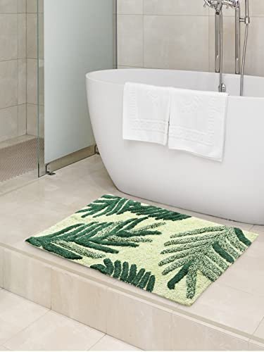 SASHAA WORLD Cotton Leaf Patterned Bathmat | Soft, Absorbent & Cozy | Anti-Skid Latex Backing for Stability | Perfect for Bathroom, Bedroom, Hotels, or Spa | 50×80 cm, Green