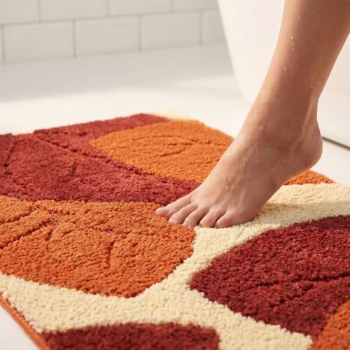 Saral Home Leaf Microfiber Bath Mat | Super Soft & Absorbent Bathroom Floor Mat | Anti-Slip Bath Rug | Quick Dry Washable Mat | 38 x 60 cm- 1Pc | Rust