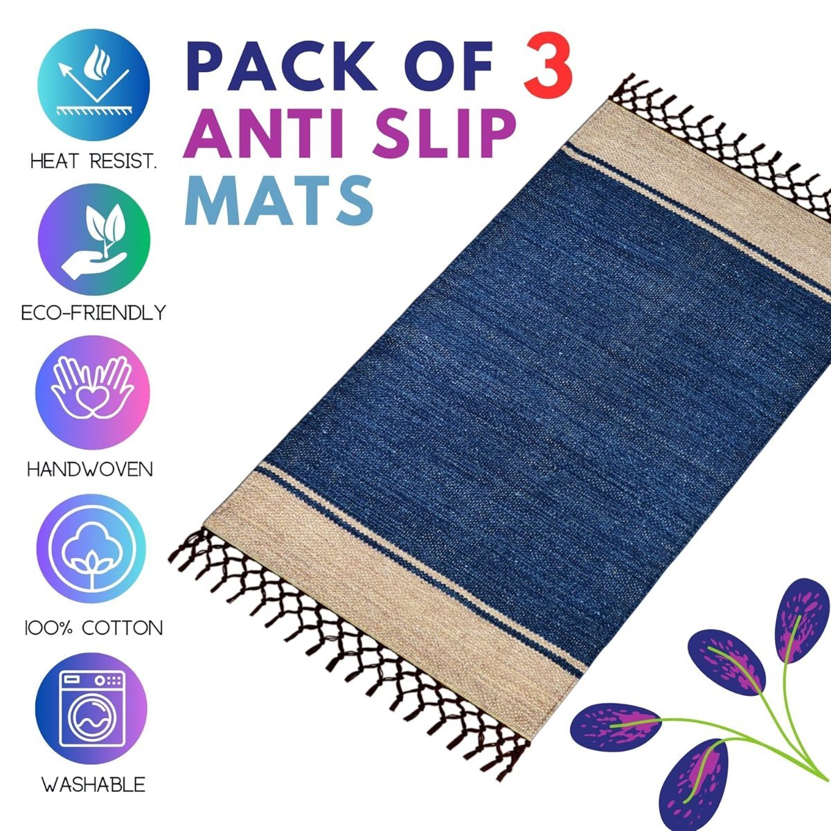 Handwoven Cotton Door Mat, Blue, 40×60 cm, Rectangular, Anti Slip, Washable, Low Pile, Modern Style (Pack of 3)