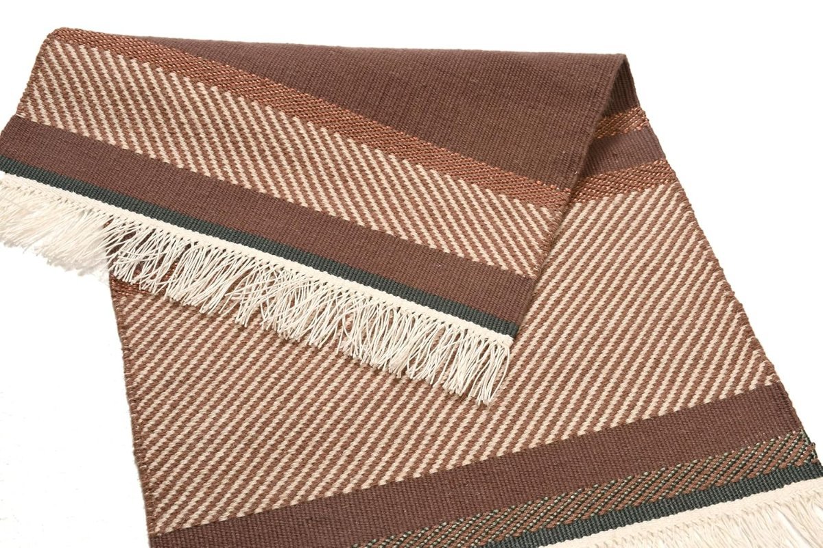 Hand Woven Area Rug, Brown and White Striped Pattern, 90 x 60 cm, Contemporary Geometric Style, Low Pile Durrie
