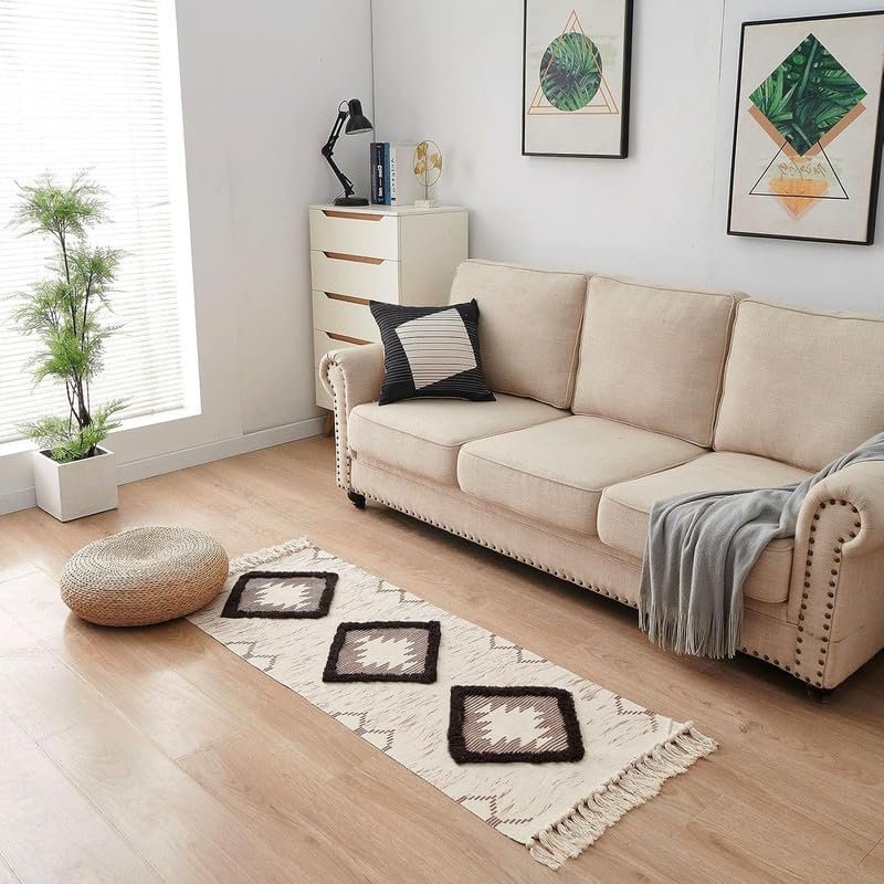 TRANQUIL Hand Woven 100% Cotton Tufted Bedside Runner Carpet | Reversible Runner Rug for Living Room, Bedroom, Guest Room & Kitchen | 2×5 Feet (60×152 cm) – (Beige & Brown)