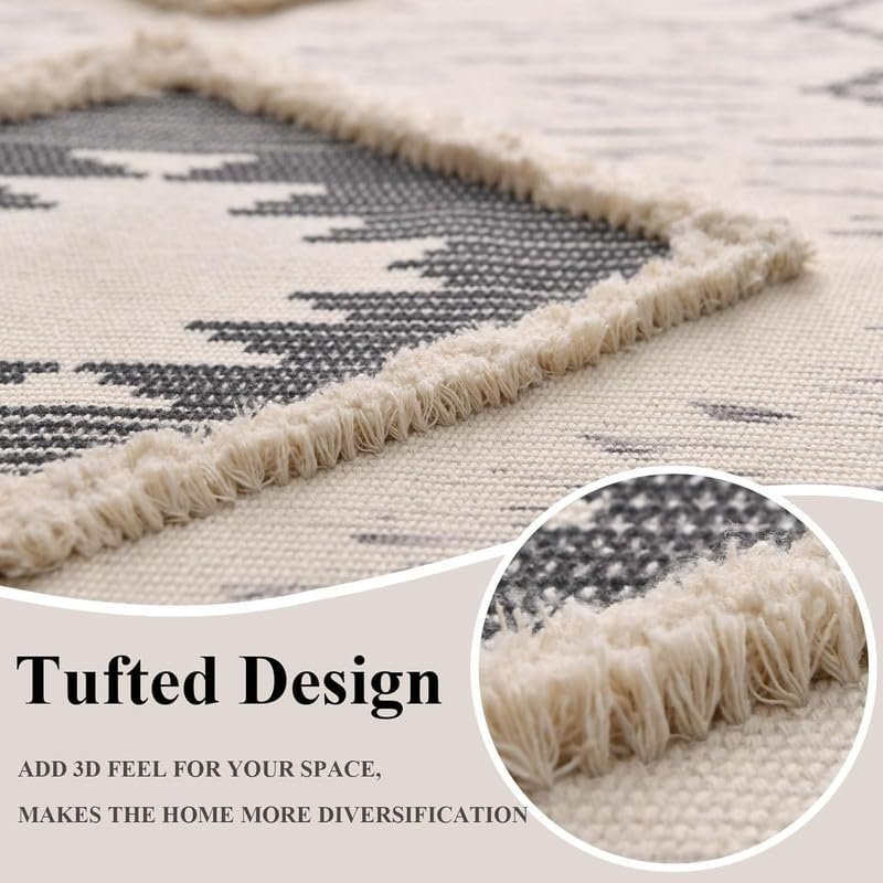 TRANQUIL Hand Woven 100% Cotton Tufted Runner Carpet | Reversible Runner Rug for Living Room, Bedroom, Guest Room & Kitchen | 2×5 Feet (60×152 cm) – (Ivory & Beige)