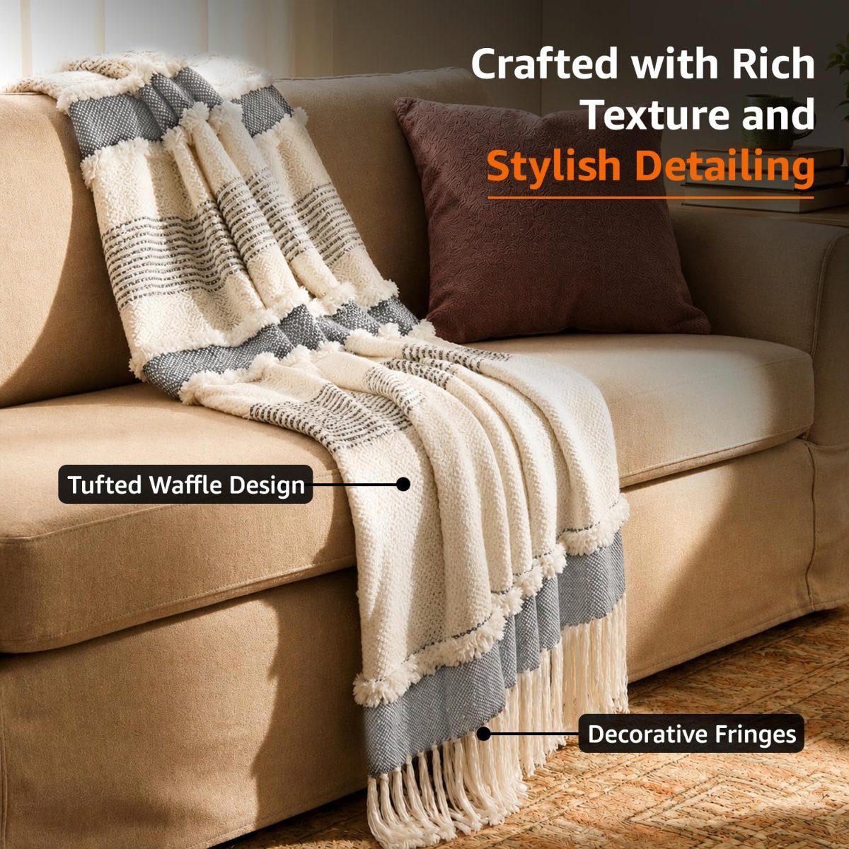 Amazon Basics Tufted Waffle Cotton Throw Blanket | Throw for Living Room, Sofa, Bed, Chair, Picnic & Used for Gift | 152×125 cms | Beige