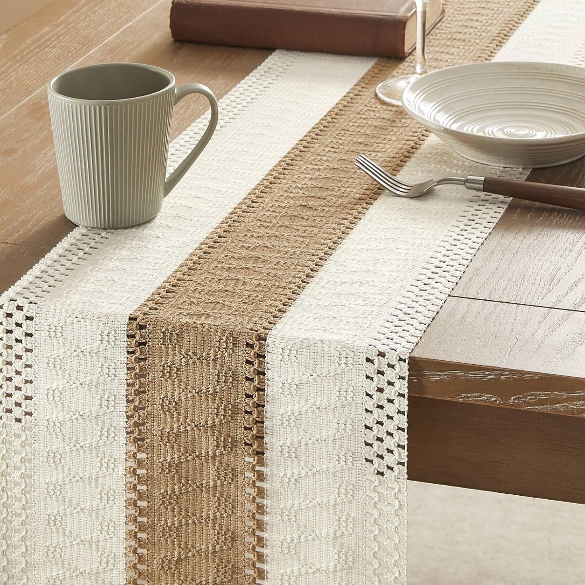 ZeeMart Macrame Style Bicolor Stitching Table Runner, 12 x 72 Inch Brown/Ivory, Boho Neutral Table Runners 72 Inches Long, Farmhouse Woven Home Decor