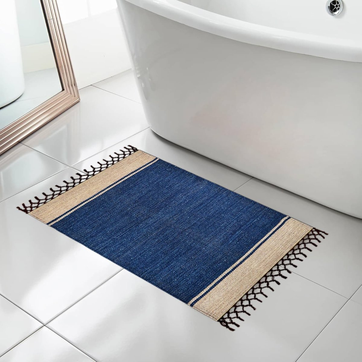 Handwoven Cotton Door Mat, Blue, 40×60 cm, Rectangular, Anti Slip, Washable, Low Pile, Modern Style (Pack of 3)