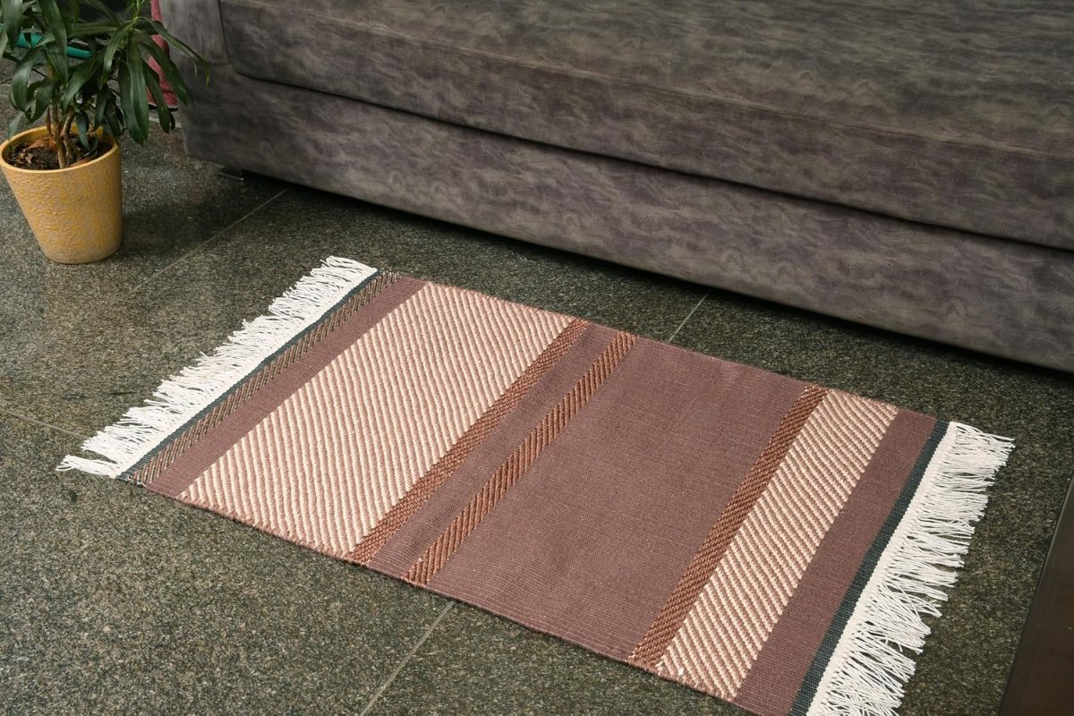 Hand Woven Area Rug, Brown and White Striped Pattern, 90 x 60 cm, Contemporary Geometric Style, Low Pile Durrie