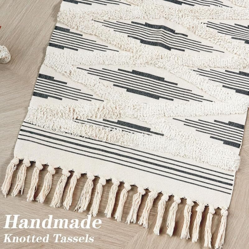 TRANQUIL Hand Woven 100% Cotton Tufted Runner Carpet | Reversible Runner Rug for Living Room, Bedroom, Guest Room & Kitchen | 2×5 Feet (60×152 cm) – (Blazk Zigzag)