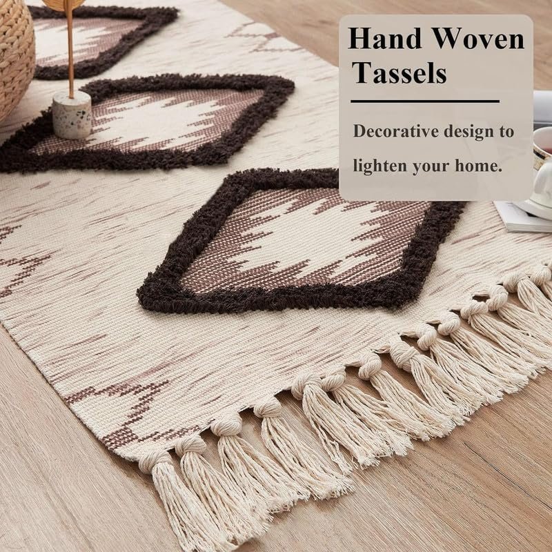 TRANQUIL Hand Woven 100% Cotton Tufted Bedside Runner Carpet | Reversible Runner Rug for Living Room, Bedroom, Guest Room & Kitchen | 2×5 Feet (60×152 cm) – (Beige & Brown)