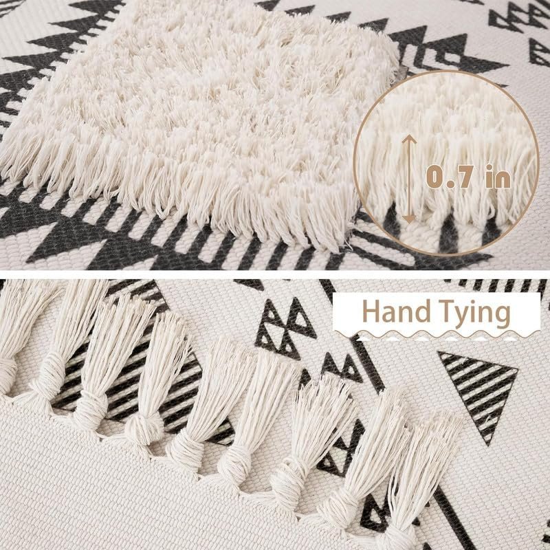 TRANQUIL Hand Woven 100% Cotton Tufted Runner Carpet | Reversible Runner Rug for Living Room, Bedroom, Guest Room & Kitchen | 2×5 Feet (60×152 cm) – (Black & Natural White)