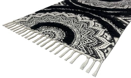 TRANQUIL Hand Woven 100% Cotton Tufted Runner Carpet | Reversible Runner Rug for Living Room, Bedroom, Guest Room & Kitchen | 2×5 Feet (60×152 cm) – (Black & White – B)