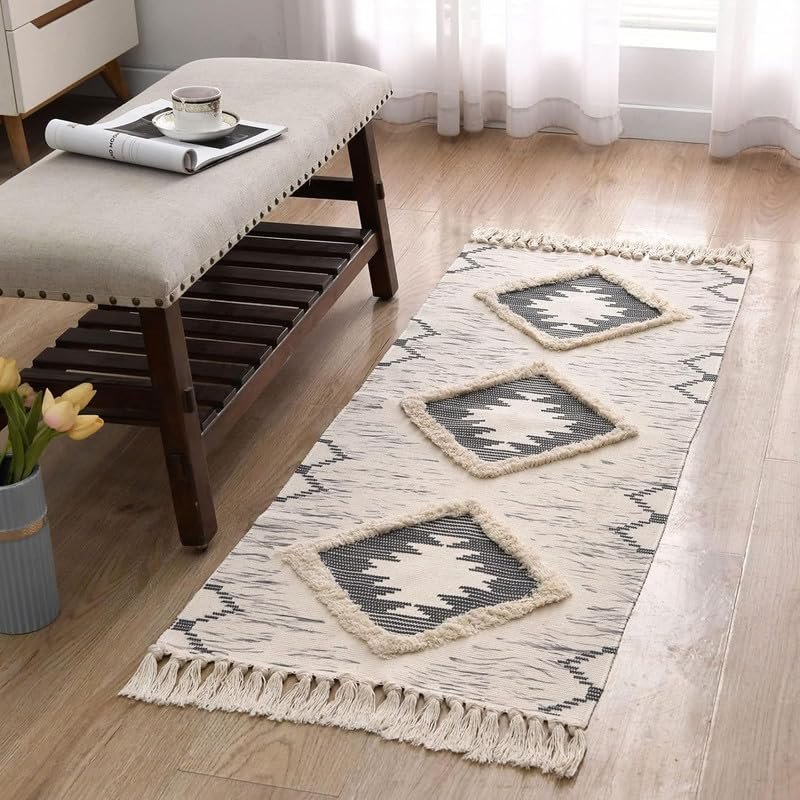 TRANQUIL Hand Woven 100% Cotton Tufted Runner Carpet | Reversible Runner Rug for Living Room, Bedroom, Guest Room & Kitchen | 2×5 Feet (60×152 cm) – (Ivory & Beige)