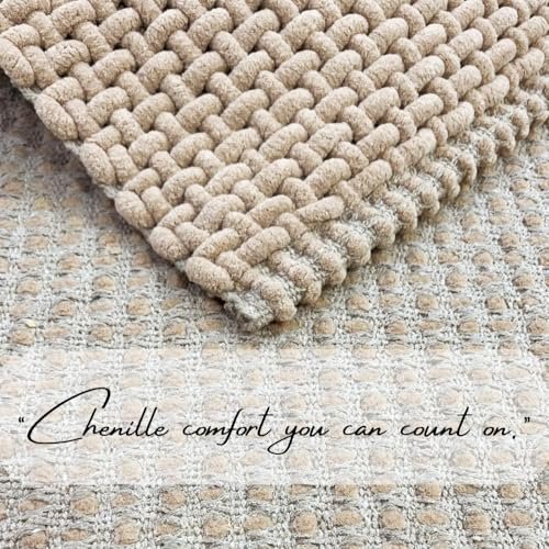 SANMARINO Non Slip Chenille Bath Mat, Extra Soft Bathroom Mat, Super Absorbent Fluffy Bath Mats for Bathroom, Machine-Washable Quick Dry Bath Rug Foot Mat, 16″x24″, Beige