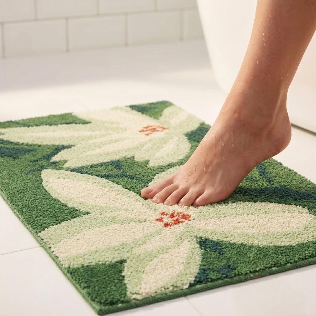 Saral Home Jasmine Microfiber Bath Mat | Soft & Absorbent Bathroom Floor Mat | Quick Dry & Washable | Floral Design | 38 x 60 cm. (Green, 38X60-1PC)
