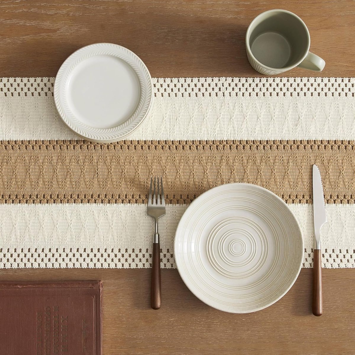 ZeeMart Macrame Style Bicolor Stitching Table Runner, 12 x 72 Inch Brown/Ivory, Boho Neutral Table Runners 72 Inches Long, Farmhouse Woven Home Decor